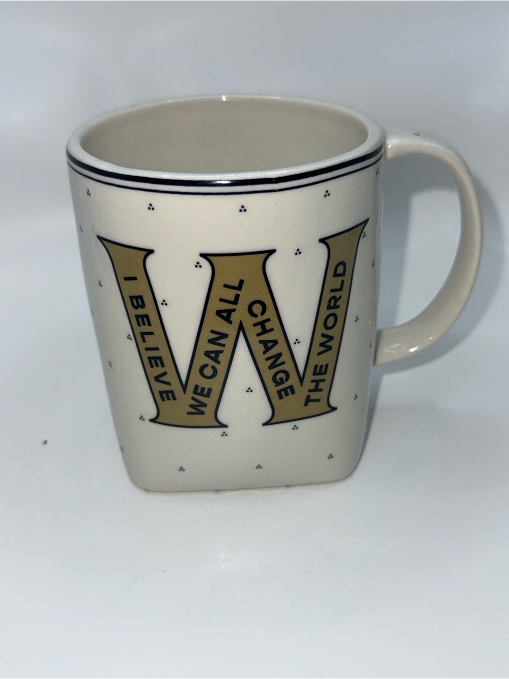 Anthropologie Cream Mug Initial 'W' Ceramic Mug Cream and Gold 'Change the World